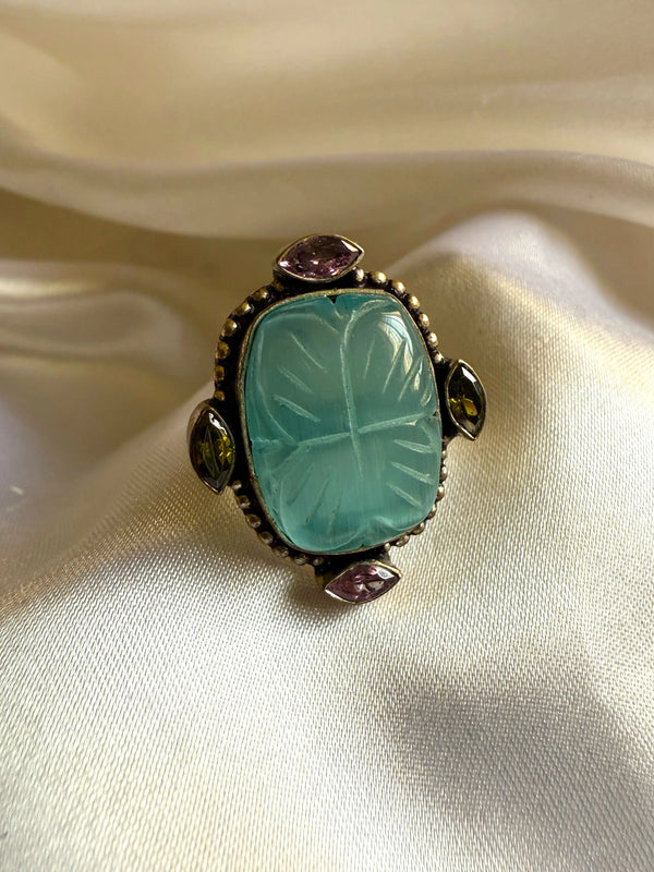 Alia Mint Green Color Carving Stone Earring Ring