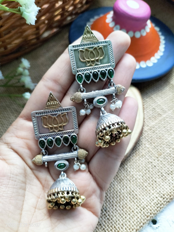Diya Green Color silver Replica Jhumki Earrings