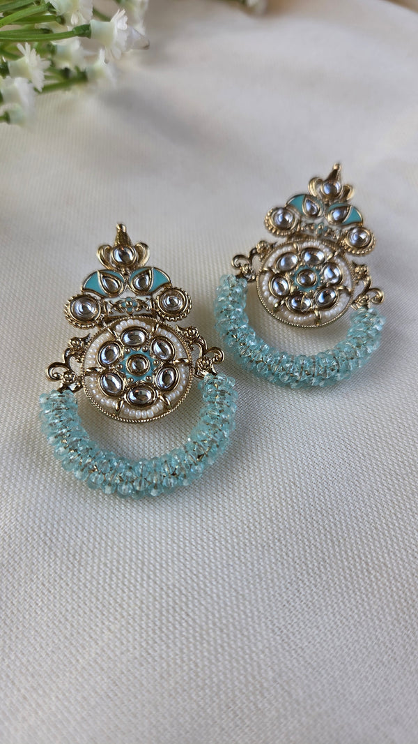 Inaya Aqua And Gold Kundan Chandbali Earrings