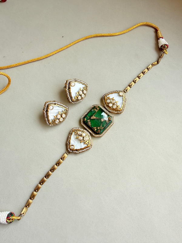 Adhira Green Doublet Stone With Marble Effect Premium Choker Necklace Set