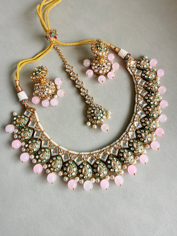 Adhira Pink Color Kundan And Meenakari Necklace
