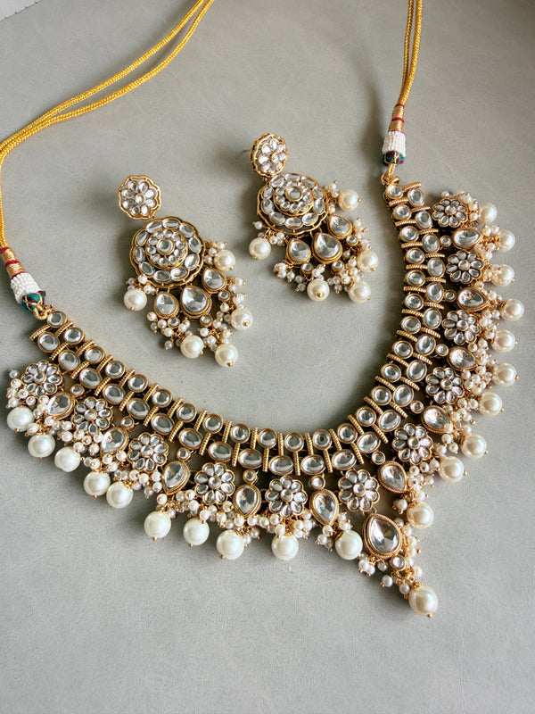 Adhira Premium Glossy White Pearls Kundan Necklace Set