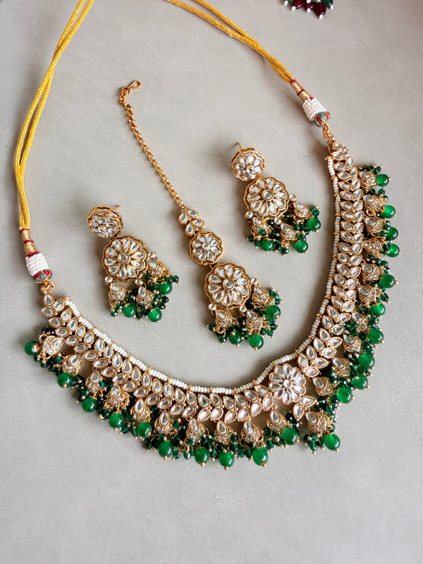 Adhira Green Beaded Kundan Necklace Set