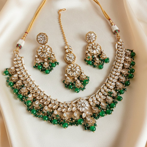 Adhira Green Beaded Kundan Necklace Set