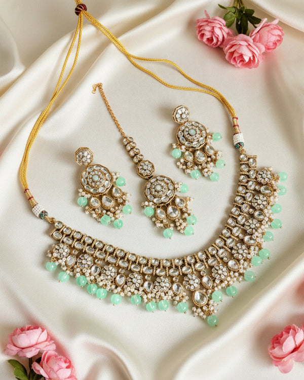 Adhira Mint Green Beaded Kundan Necklace Set