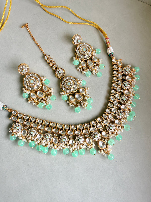 Adhira Mint Green Beaded Kundan Necklace Set