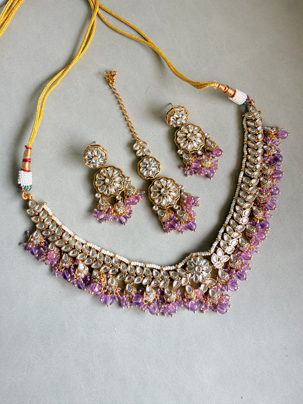 Adhira Lavender Beaded Kundan Necklace Set