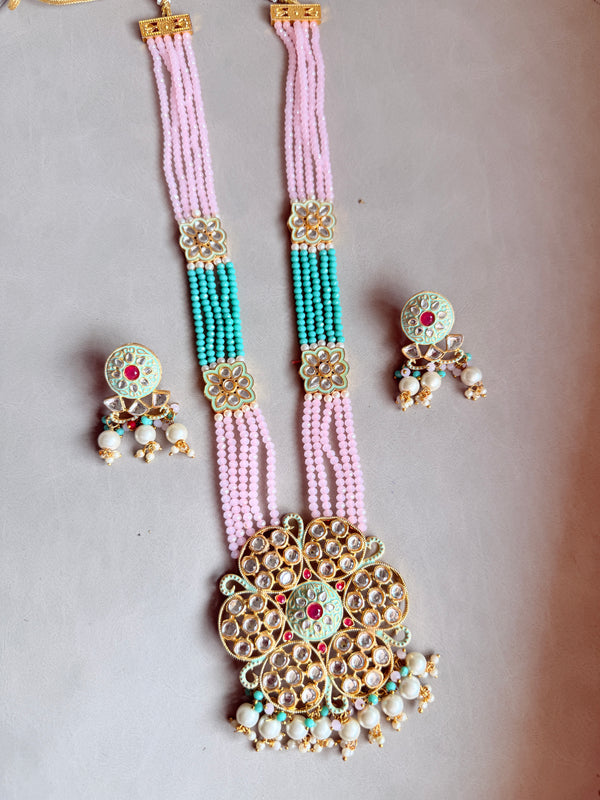Adhira Long Pink And Green Colour Kundan Rani Haar
