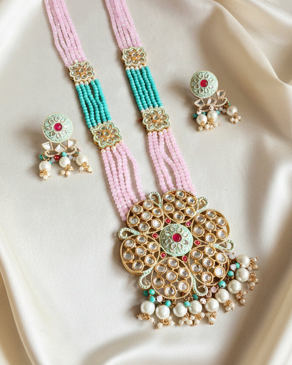 Adhira Long Pink And Green Colour Kundan Rani Haar