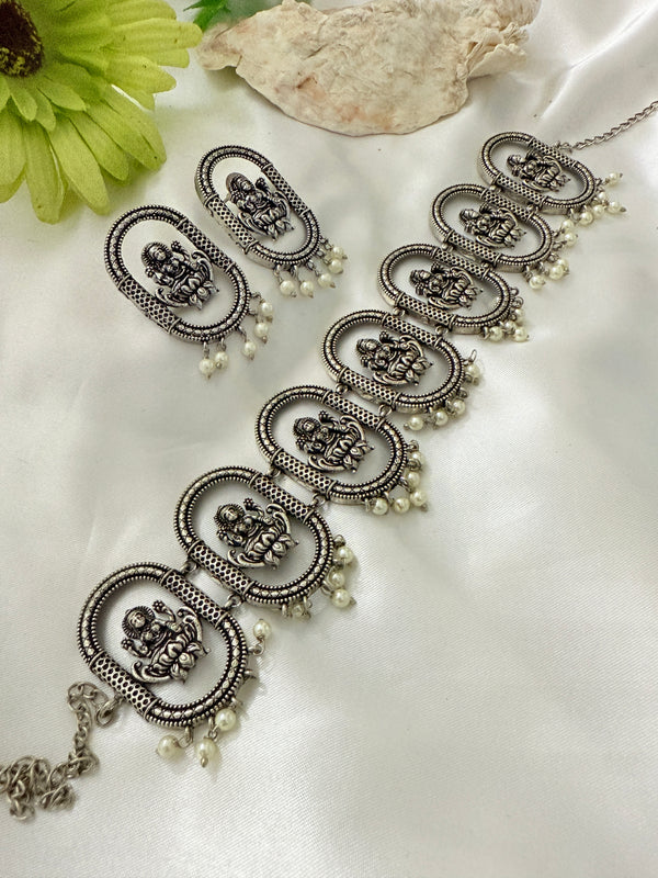 Myra Temple Designe Oxidize Silver Replica choker Necklace Set
