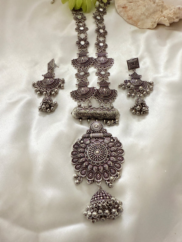Myra Oxidize Long Necklace With Jhumka Bell