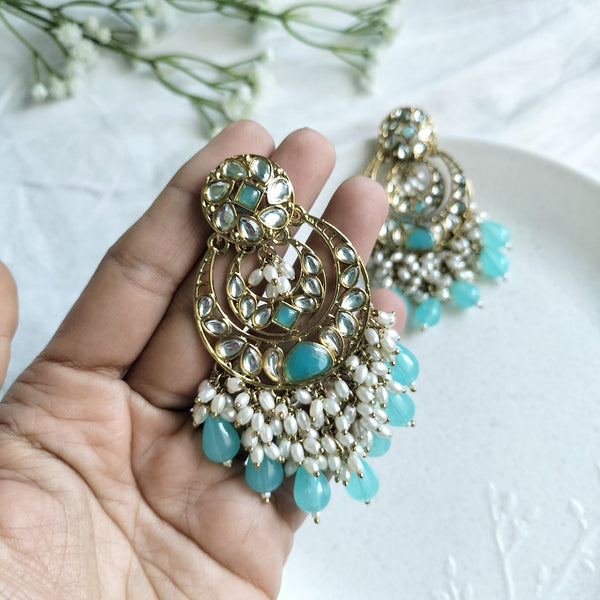Inaya Exquisite Aqua & Pearl Kundan Chandbali Earrings