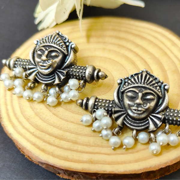 Diya Temple Design Oxidize Silver Earring