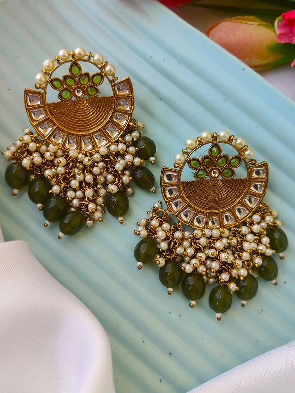 Inaya Kundan and Green Stone Chandbali Earrings with Pearl Drops