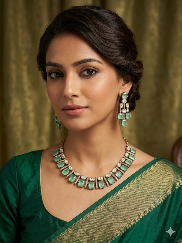 Adhira Premium Monalisa Stone with AD Stone Necklace Set