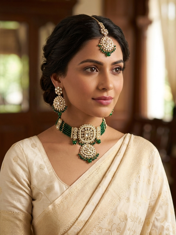 Adhira Vibrant Green Chokar Necklace Set