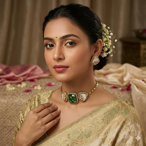 Adhira Green Doublet Stone With Marble Effect Premium Choker Necklace Set