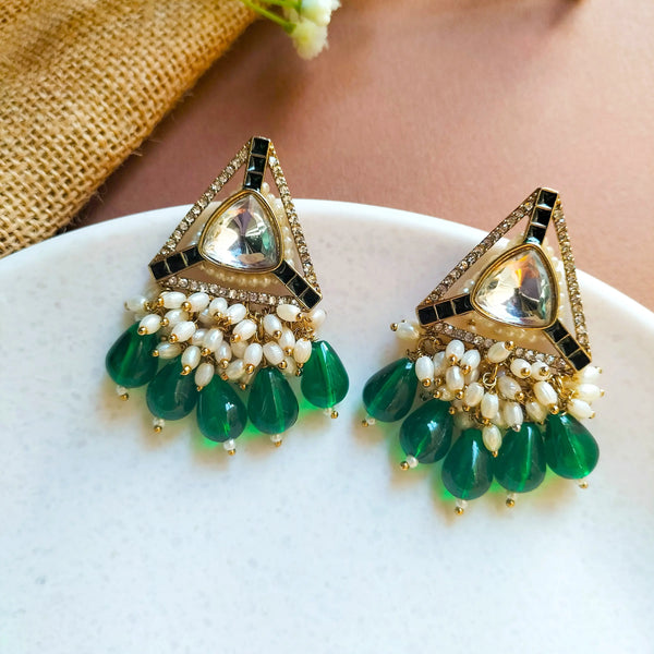 Inaya Triangle Shape Green Color Kundan Earring