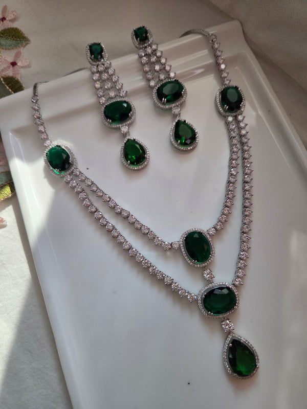 Kavya Double Layered Emerald Color AD Necklace