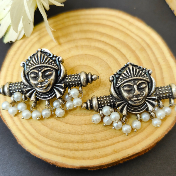 Diya Temple Design Oxidize Silver Earring