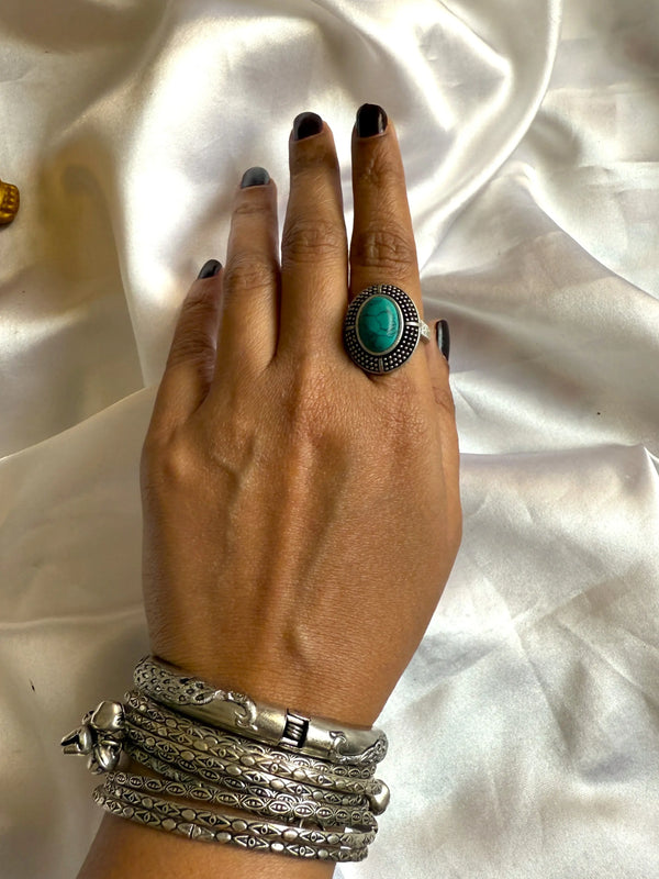 Alia Oxidized Ring with Vibrant Turquoise Stone