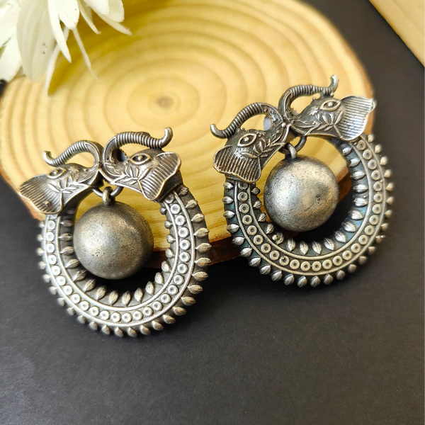 Diya Two Elephant oxidize Silver Earring