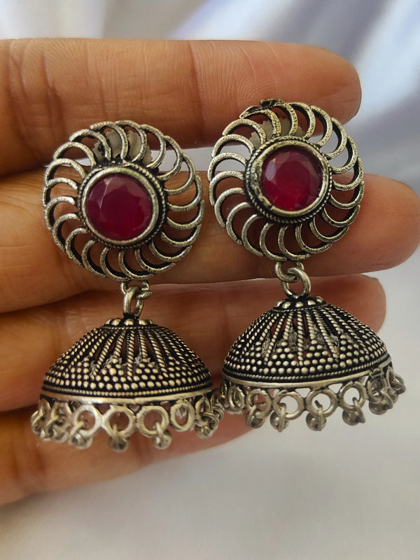 Diya Oxidize Ruby Color Stone Jhumka Earring