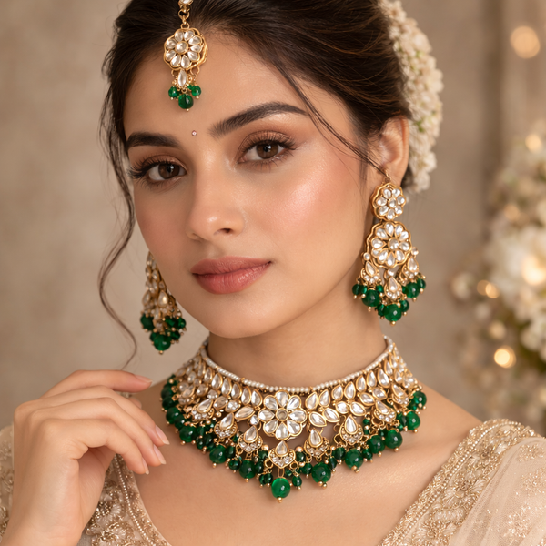 Adhira Green Beaded Kundan Necklace Set