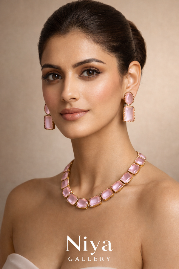 Adhira Baby Pink Monalisa Stone Premium Necklace Set