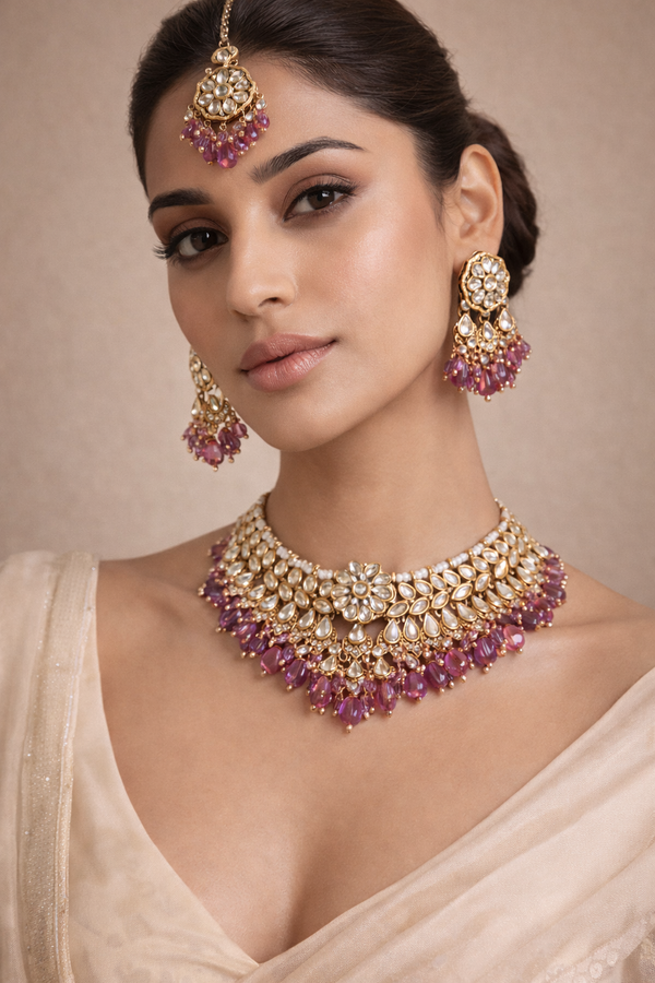 Adhira Lavender Beaded Kundan Necklace Set