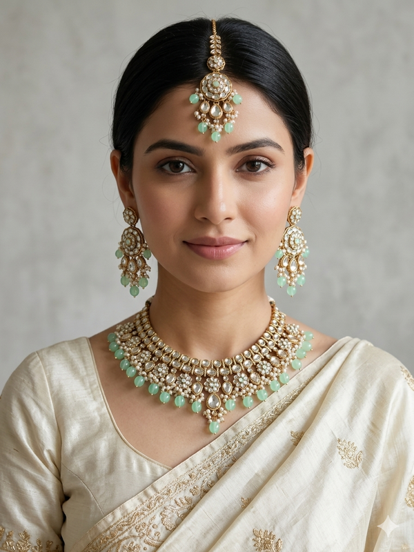 Adhira Mint Green Beaded Kundan Necklace Set