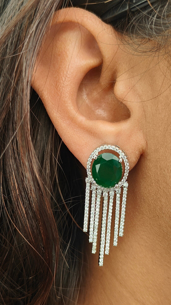 Kiara Fringe Effect Green Color American Diamond Earring