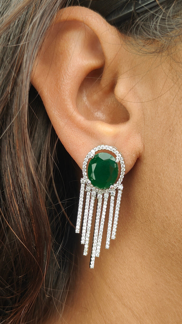 Kiara Fringe Effect Green Color American Diamond Earring