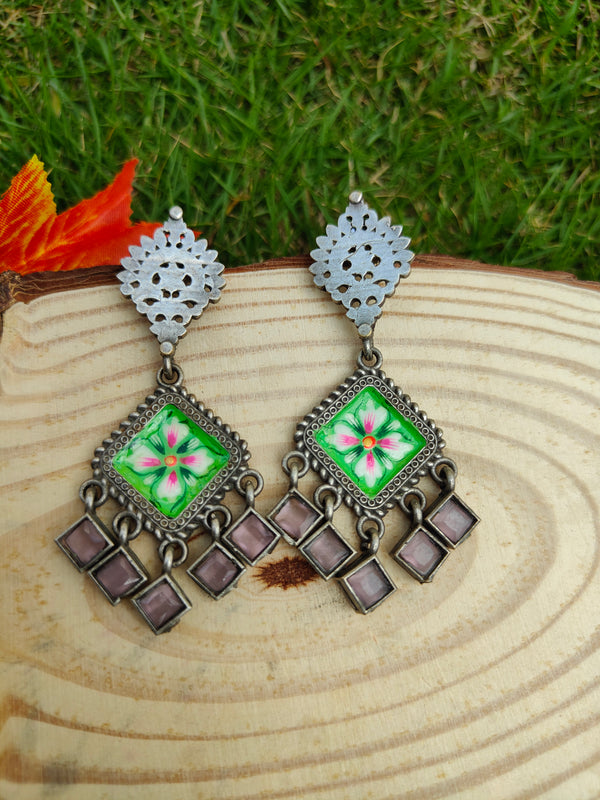 Diya Hand Painted Silver Replica Earrings