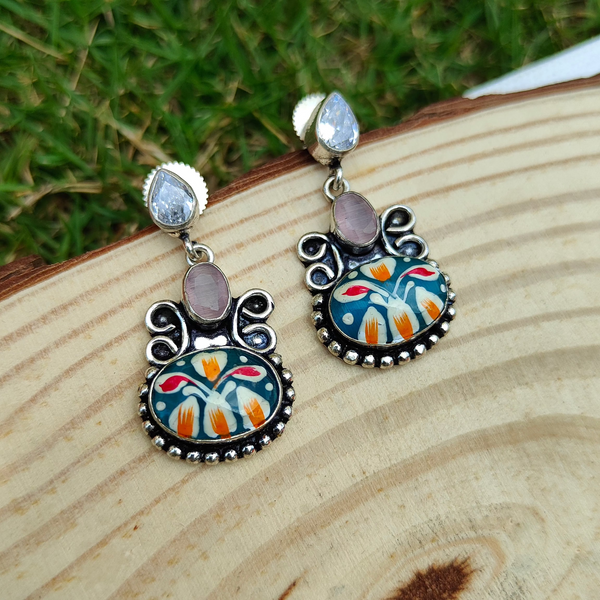 Diya Hand Painted Silver Replica Earrings