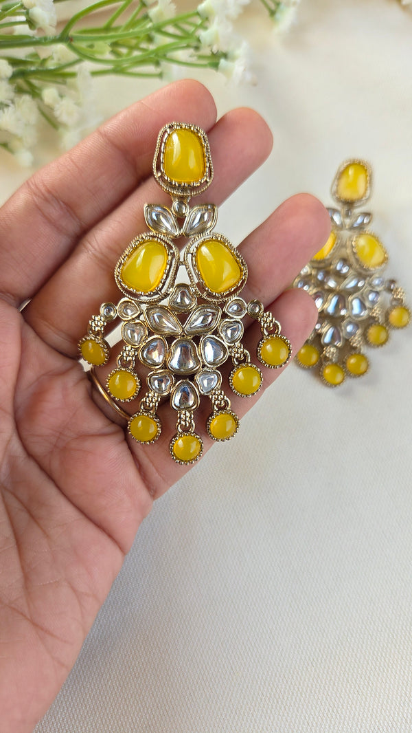 Inaya Yellow Kundan Chandbali Earrings,