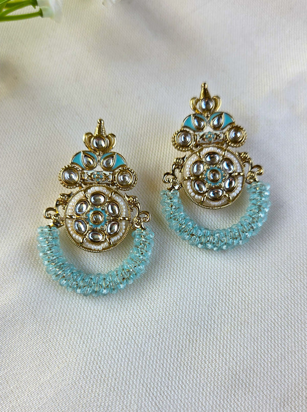 Inaya Aqua And Gold Kundan Chandbali Earrings