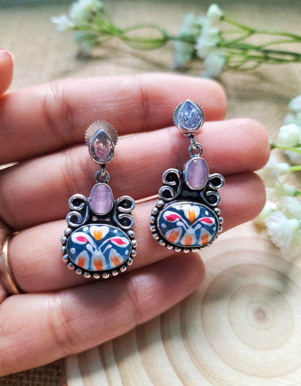 Diya Hand Painted Silver Replica Earrings
