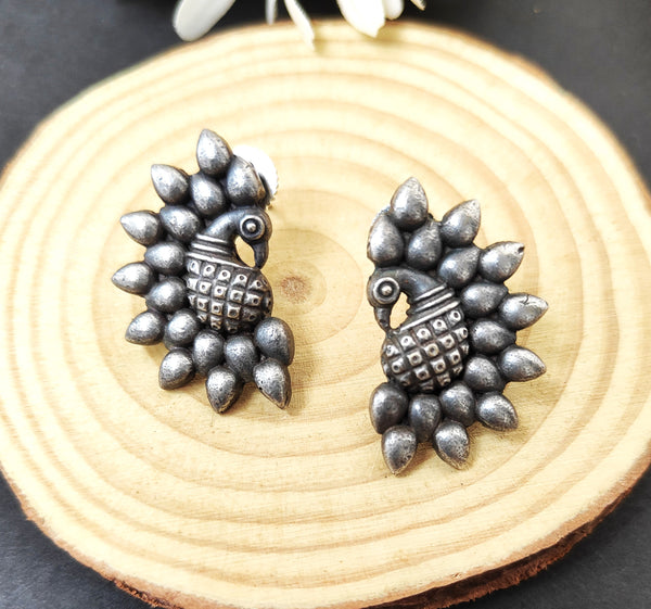 Diya Peacock Motif Oxidize Stud Earrings