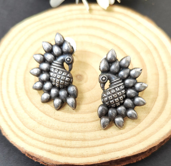 Diya Peacock Motif Oxidize Stud Earrings