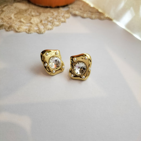 Gia Gold Crystal Pearl Stud Earrings