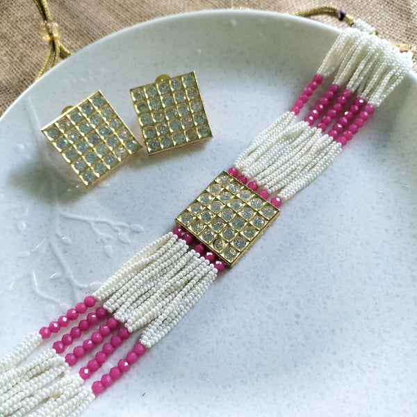 Adhira  American Diamond Choker Set with Pink and White Beads and Square Pendent