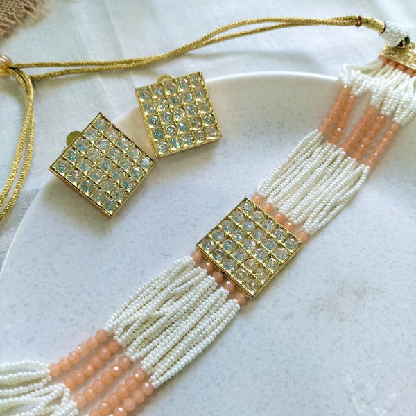 Adhira  American Diamond Choker Set with Pink and White Beads and Square Pendent