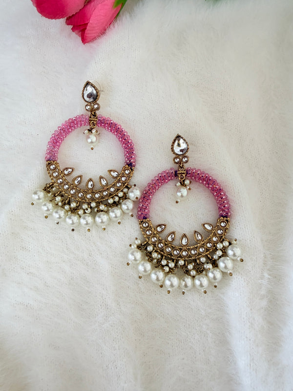Inaya Baby Pink And White Pearl Chandbali Earrings