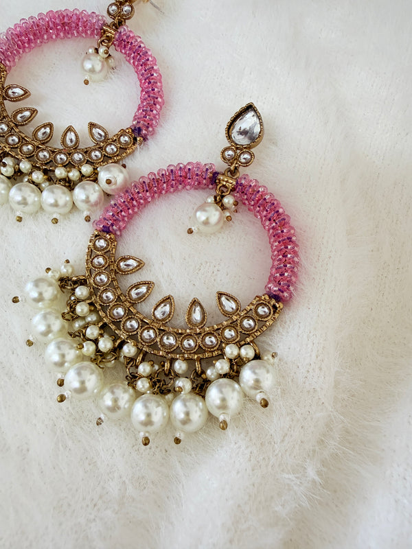 Inaya Baby Pink And White Pearl Chandbali Earrings