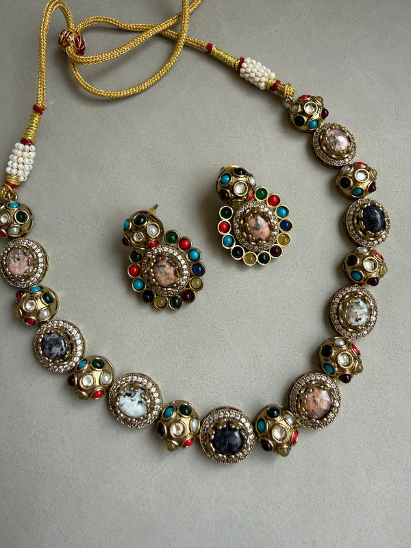 Kavya Premium Multicolor Stone In Marble Effect with AD Stone Necklace Set