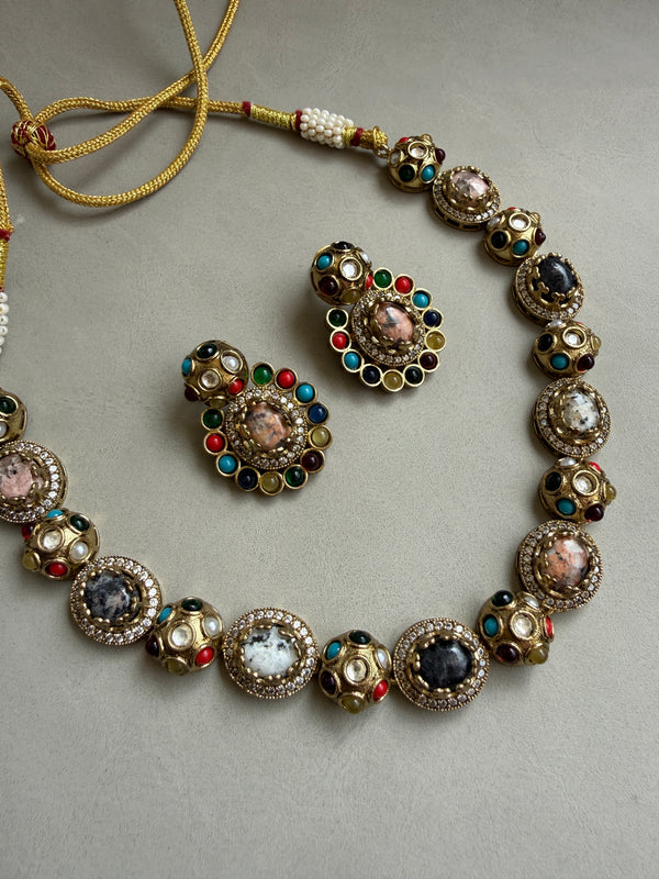 Kavya Premium Multicolor Stone In Marble Effect with AD Stone Necklace Set