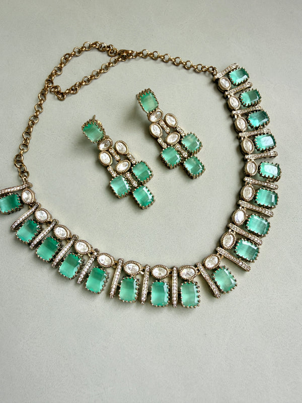 Adhira Premium Monalisa Stone with AD Stone Necklace Set