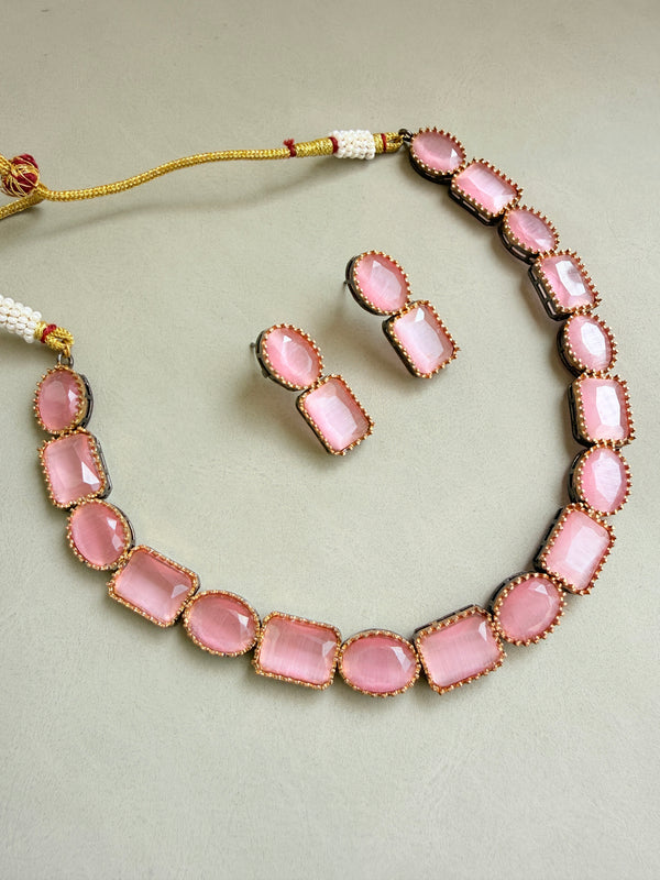 Adhira Baby Pink Monalisa Stone Premium Necklace Set