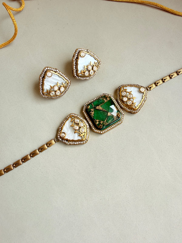 Adhira Green Doublet Stone With Marble Effect Premium Choker Necklace Set